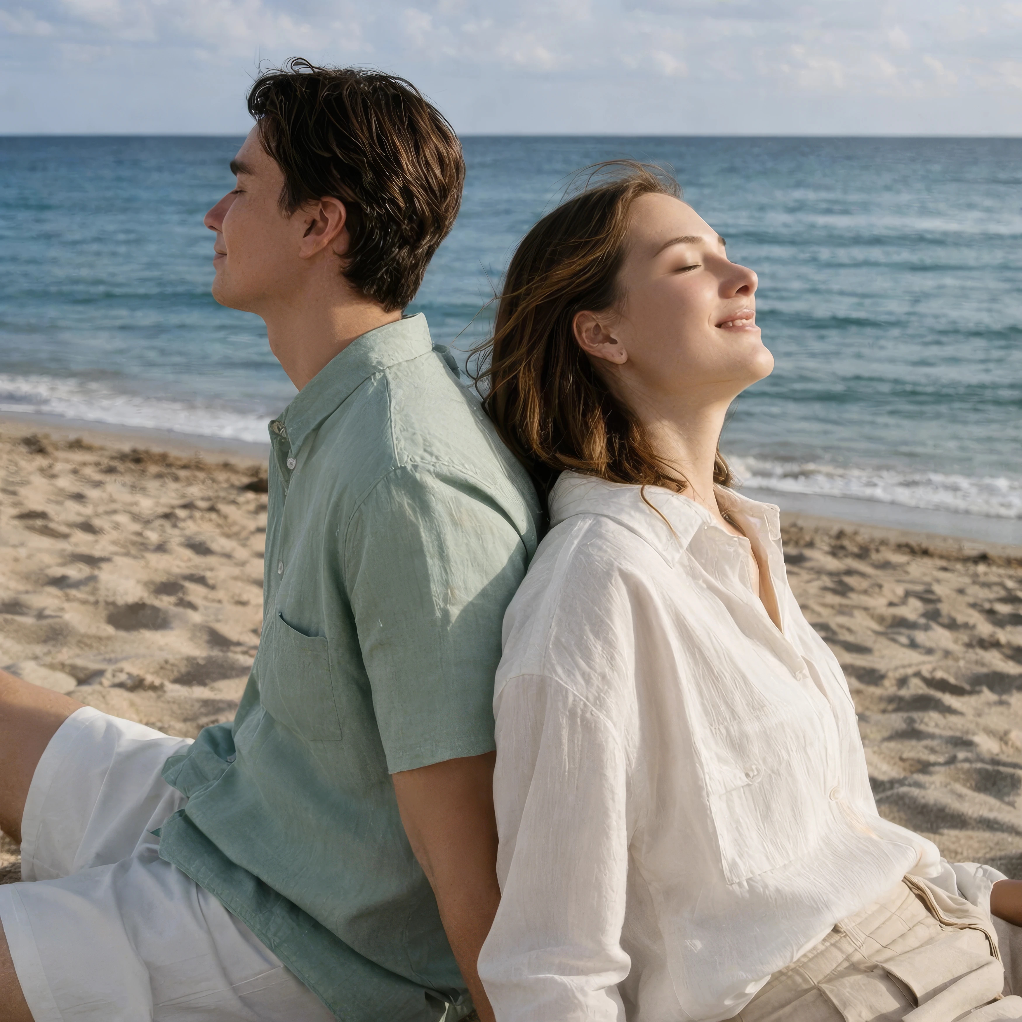 A man and a woman, both wearing linen clothes, are sitting back-to-back by the coast
